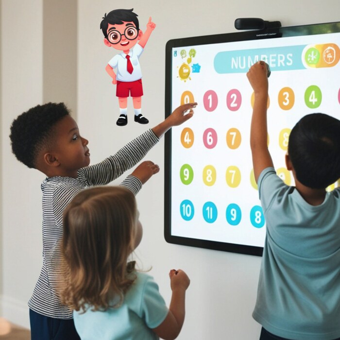 Students working through an interactive lesson on a classroom smartboard